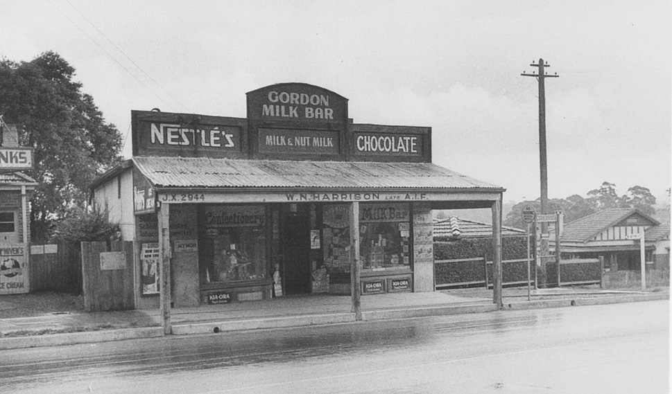 Monochrome photo of the old Gordon Milk Bar
