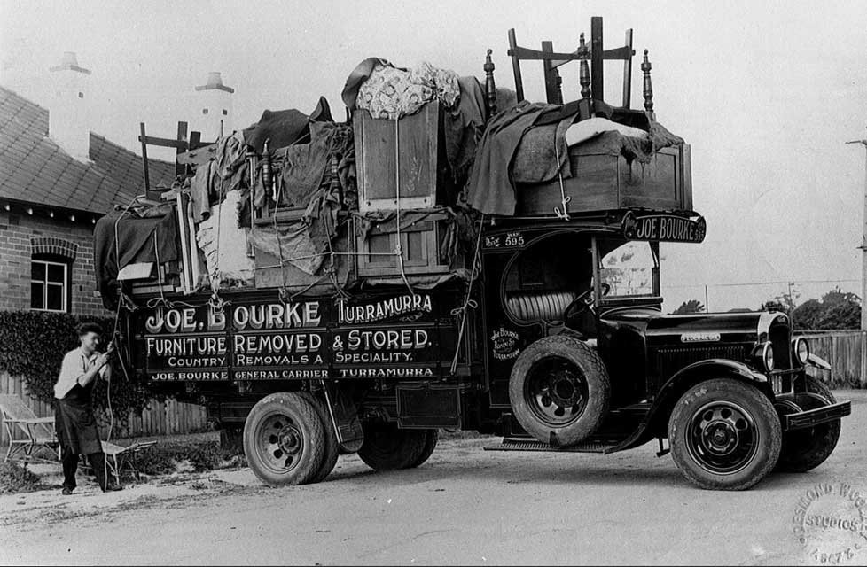 Monochrome photo of Joe Bourke removalist truck, Gilroy Road Turramurra, circa 1937, © Ku-ring-gai Library