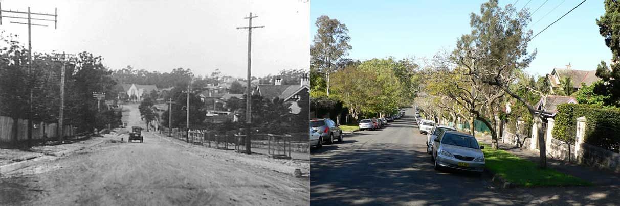 Comparison photos of Locksley Street Killara, circa 1920 & 2007